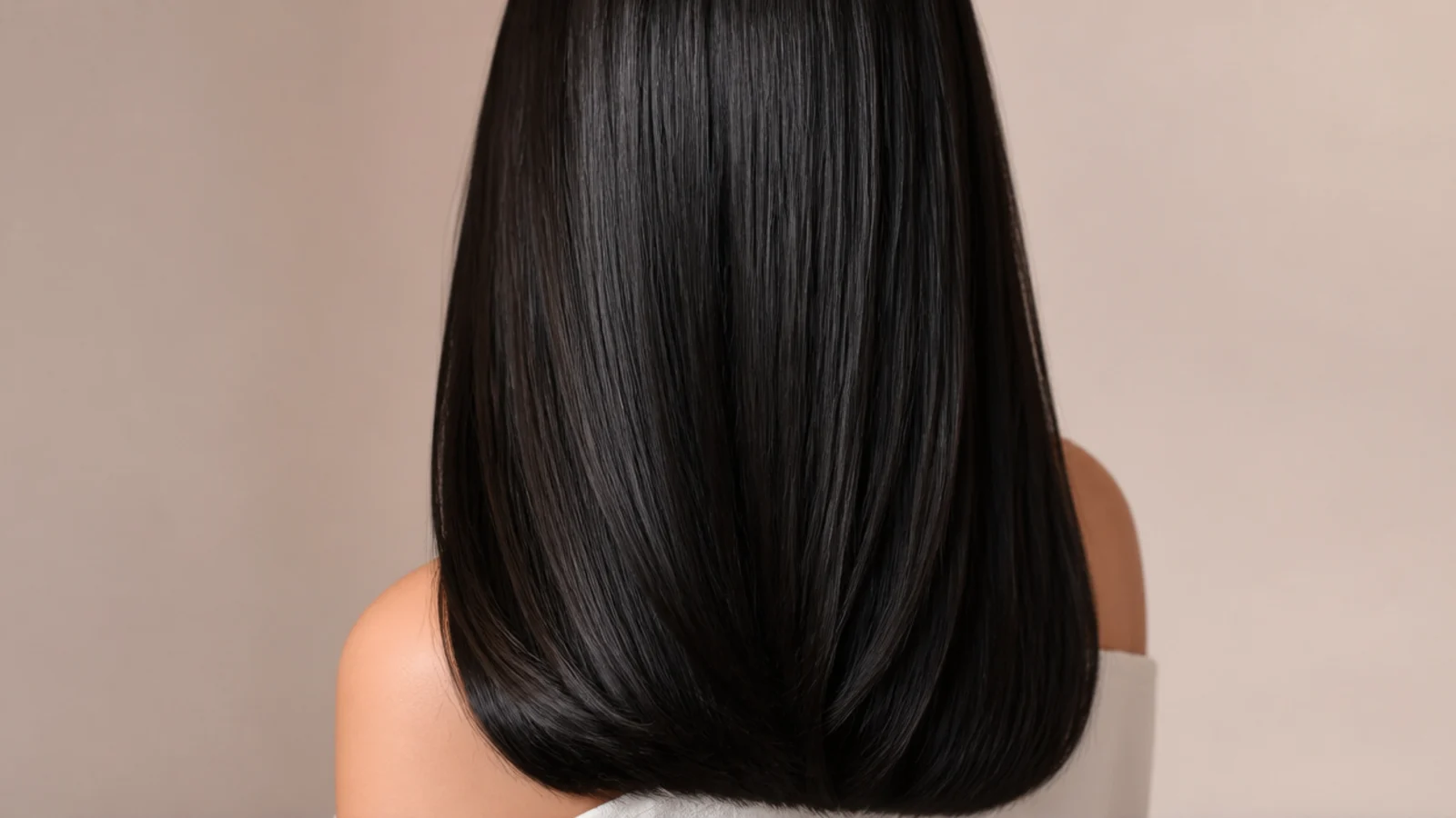 Poker straight black hair with a mirror like band of shine across the surface