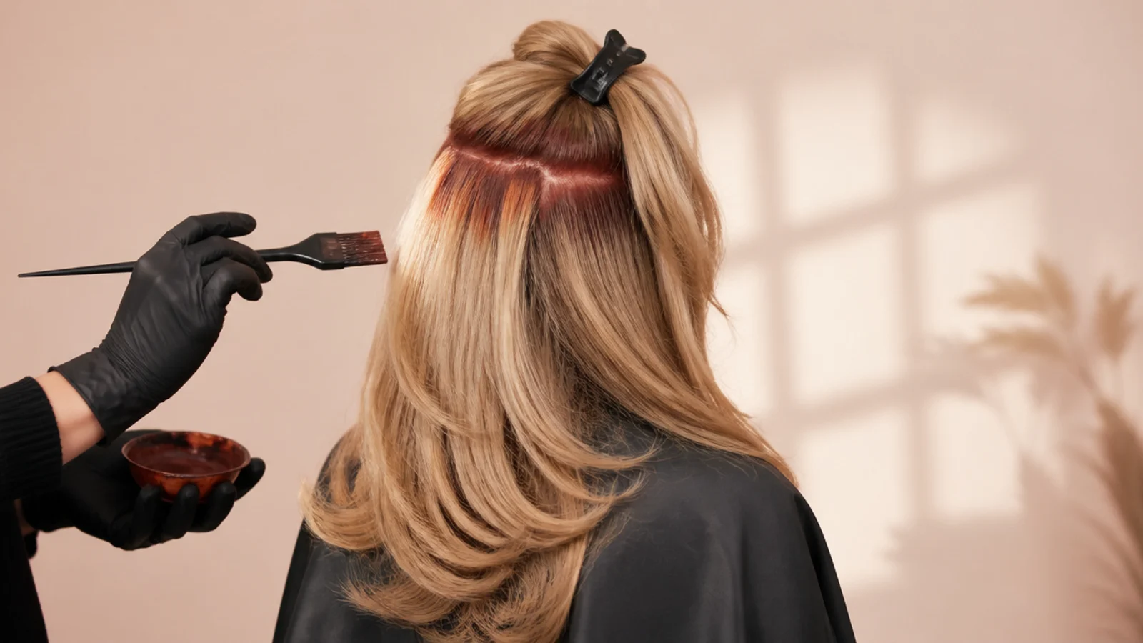 Copper toned filler being applied to bleached blonde lengths before a dark colour