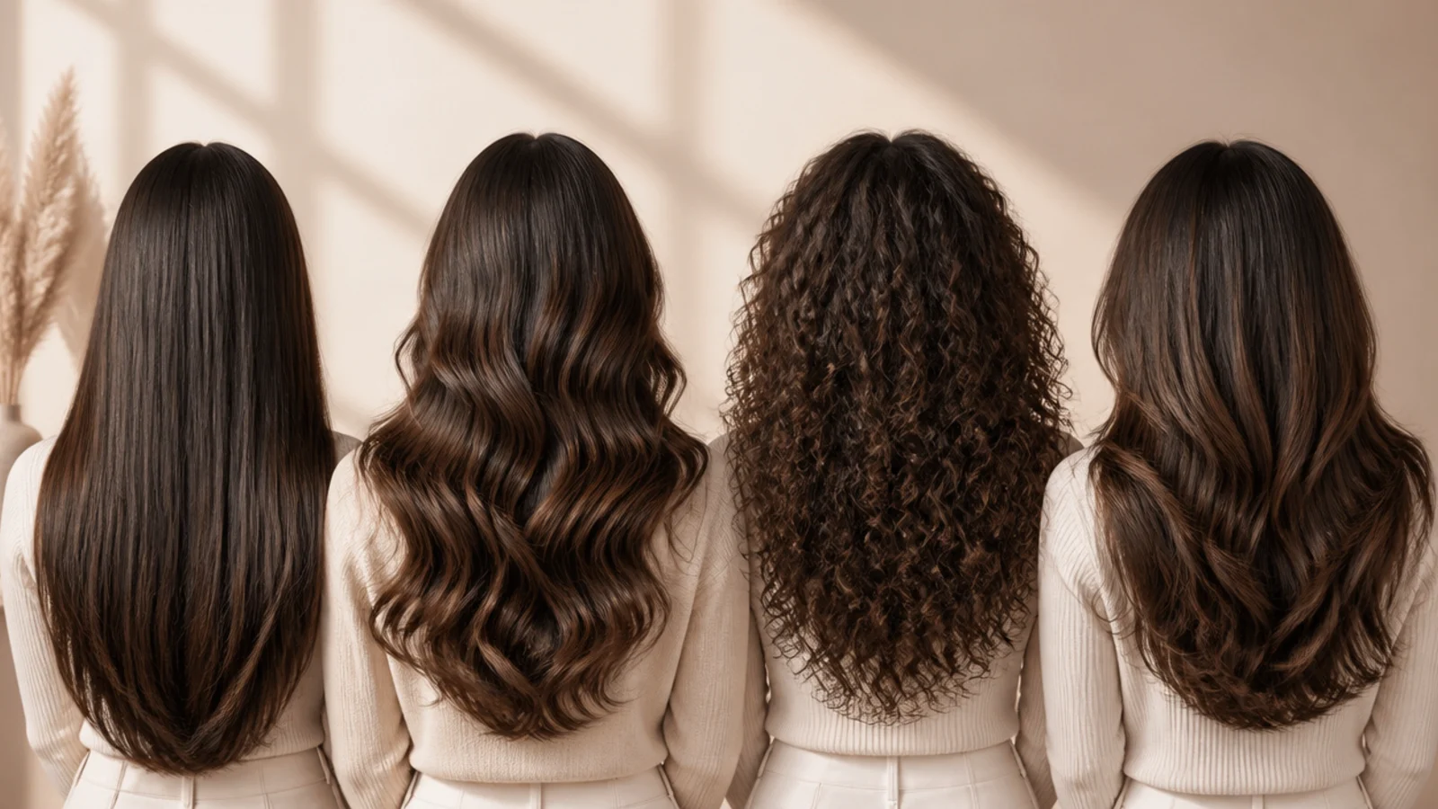 Fine, coarse and curly dark hair shown side by side in the same black shade
