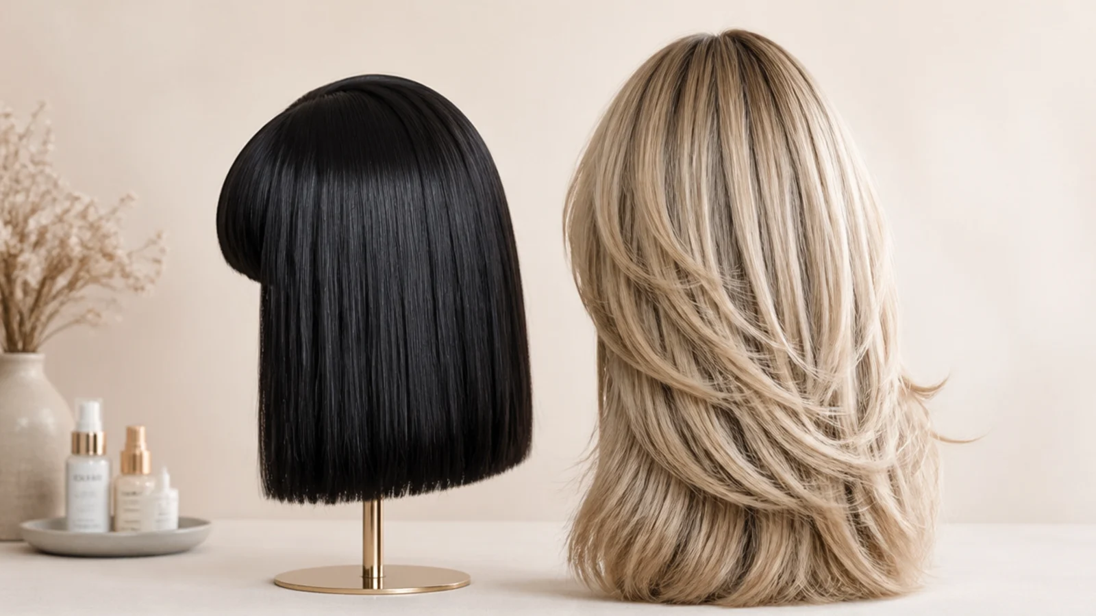 A lace front wig cap shown beside a bowl of dark colour and a tint brush