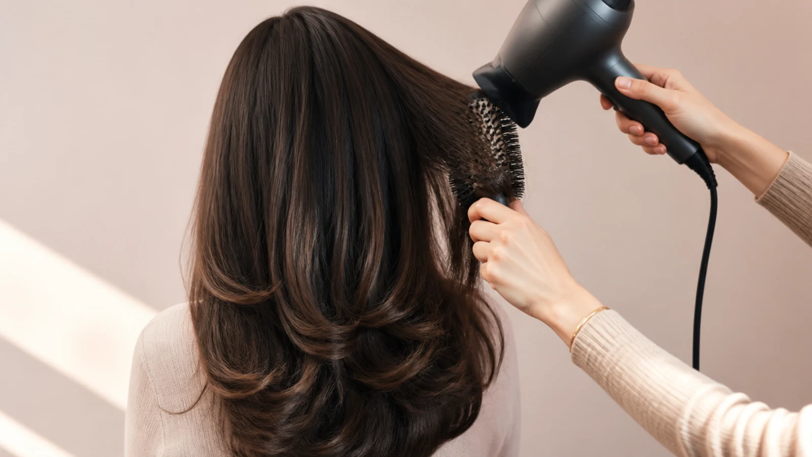 A round brush pulling a taut section of black hair under a dryer nozzle