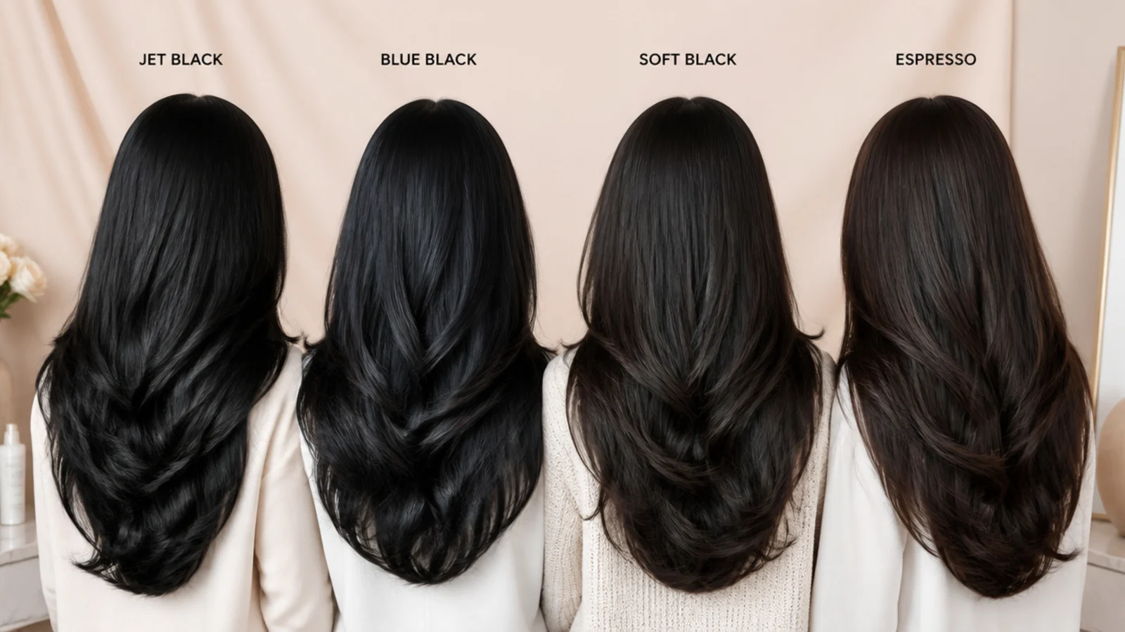 Three dark hair swatches held up in daylight showing neutral, blue and brown reflects