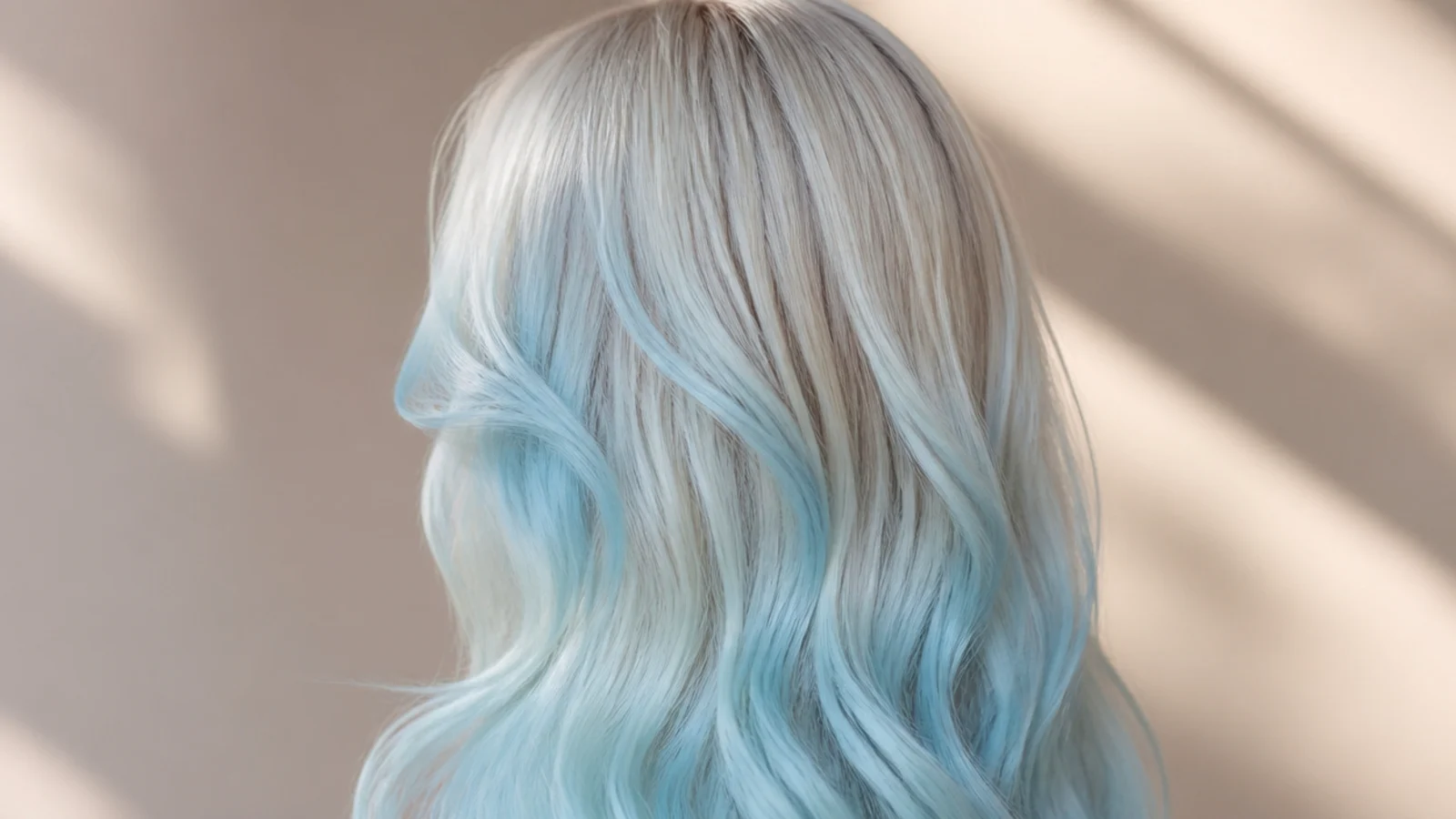 Pale blue hair in long sliced layers falling to mid back