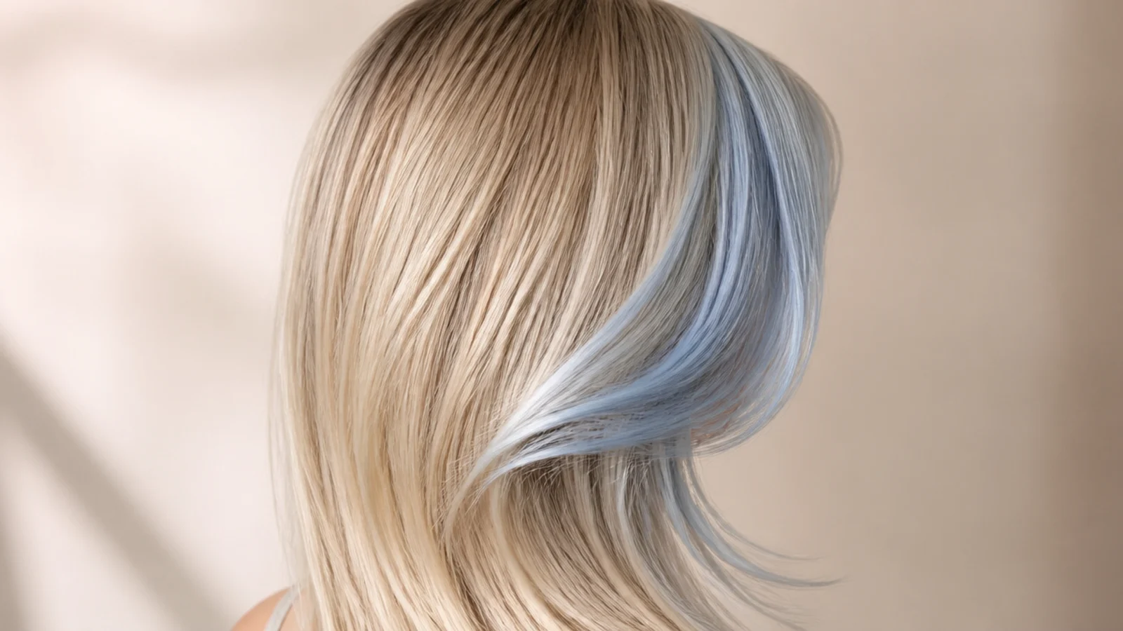 A soft blue fringe brushed forward over the forehead