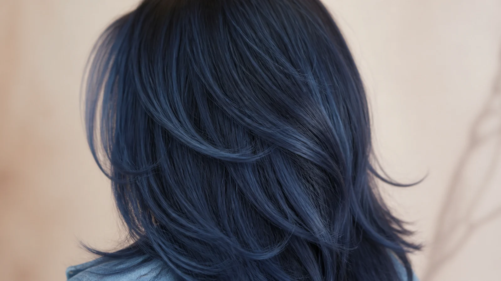 Mid toned denim blue hair layered through the lengths