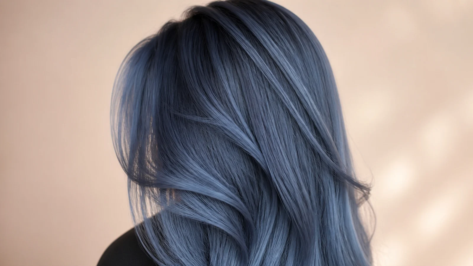Steel blue lengths with visibly deeper roots at the parting
