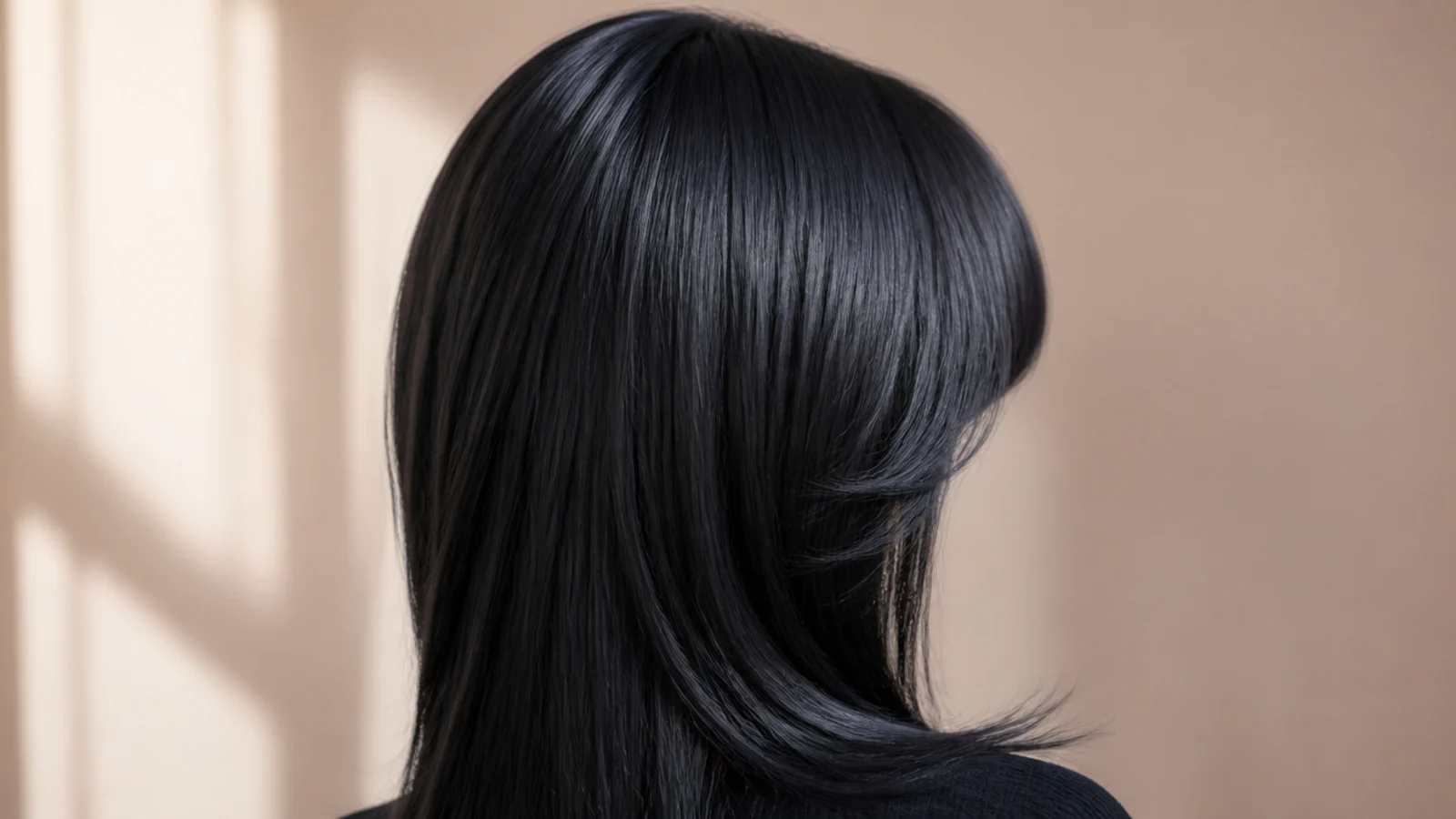 Near black hair with a blue sheen and a straight cut fringe