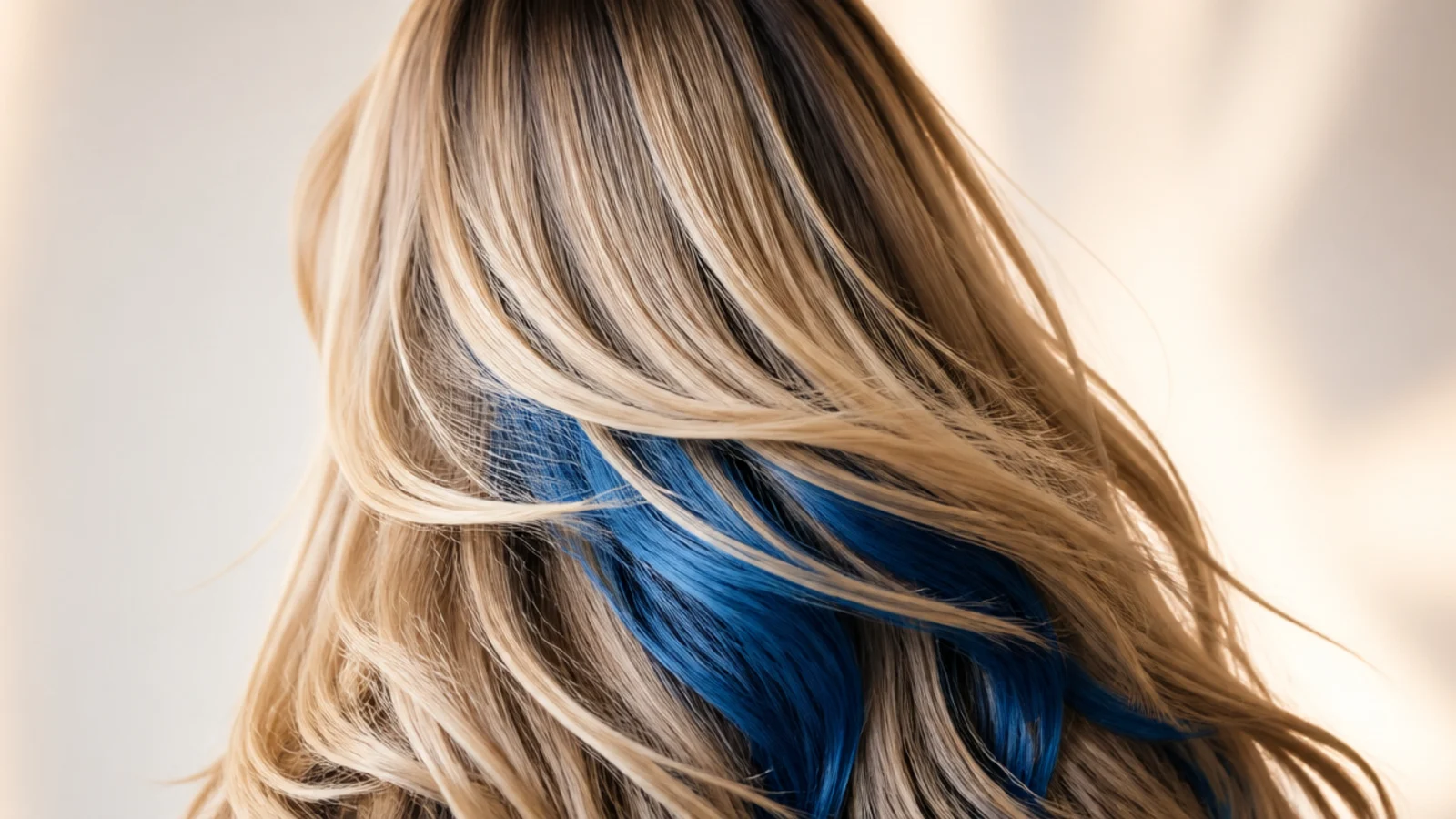Hair lifted at the back to reveal a blue underlayer beneath a darker top