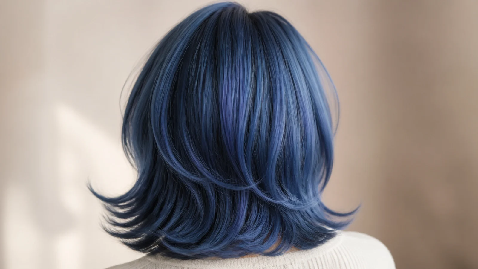 Bouncy cornflower blue hair with a bright highlight across the crown