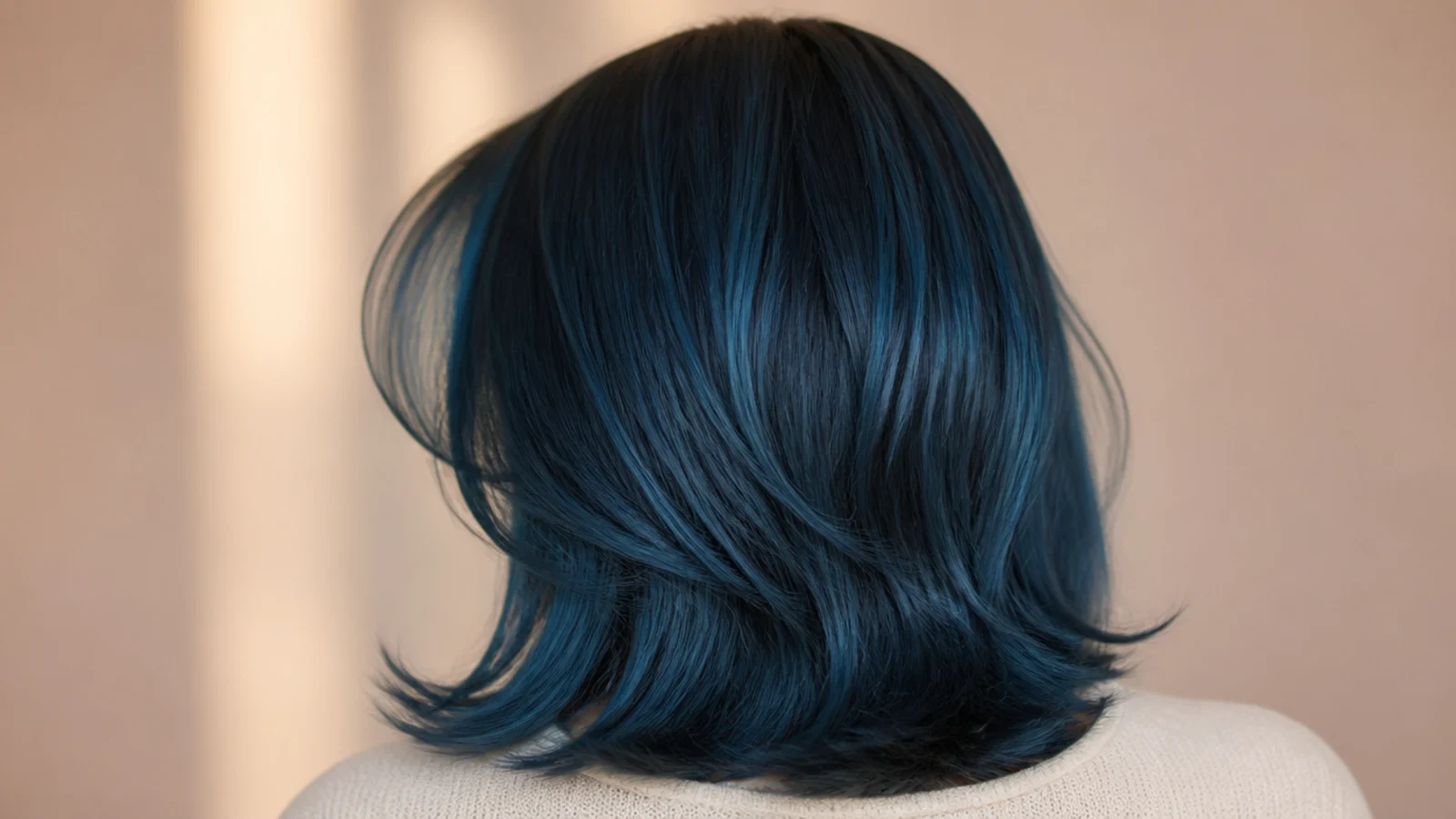 A collarbone length lob in a green leaning teal blue