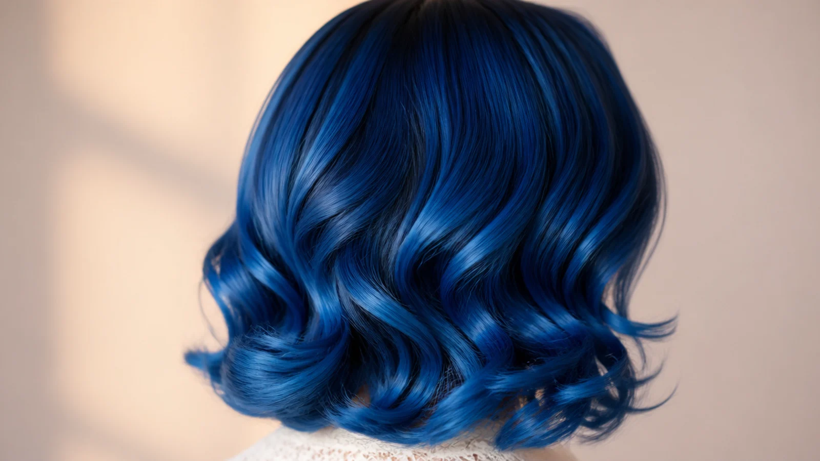 A short bob set into pin curls in a vivid electric blue