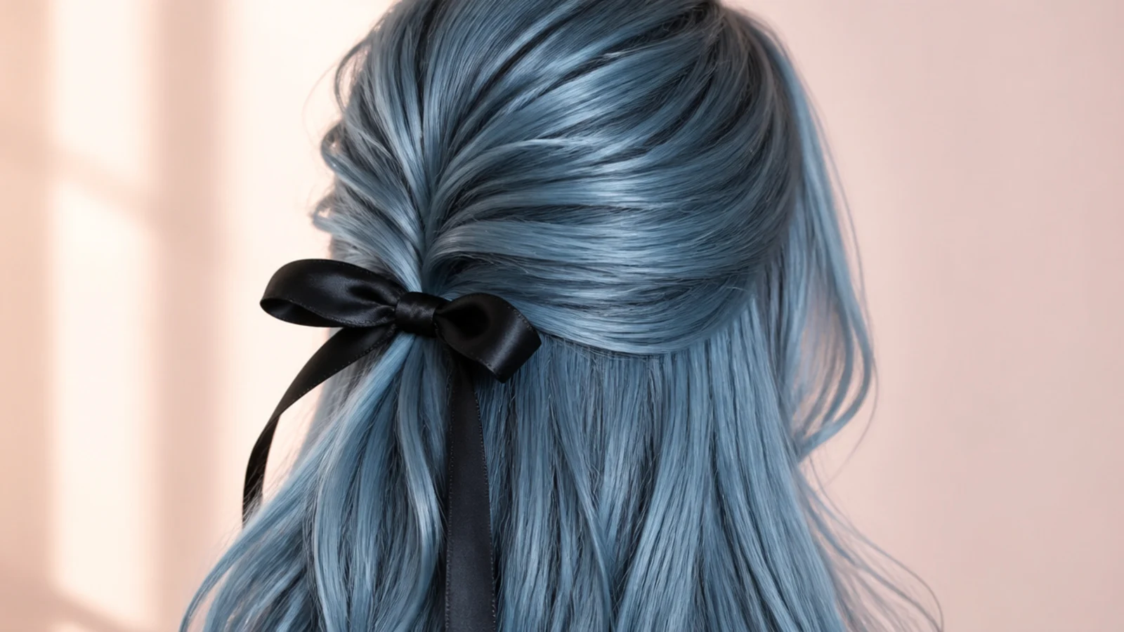 Pale sky blue hair tied half up with a fabric bow at the back