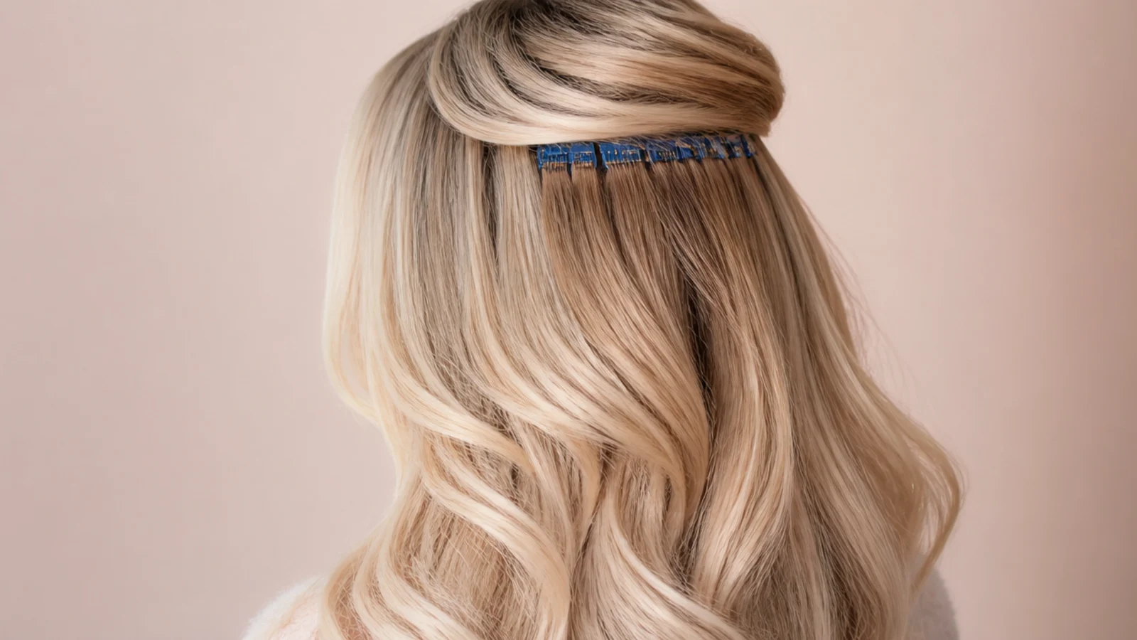 Blue clip in wefts laid out beside a section of natural hair