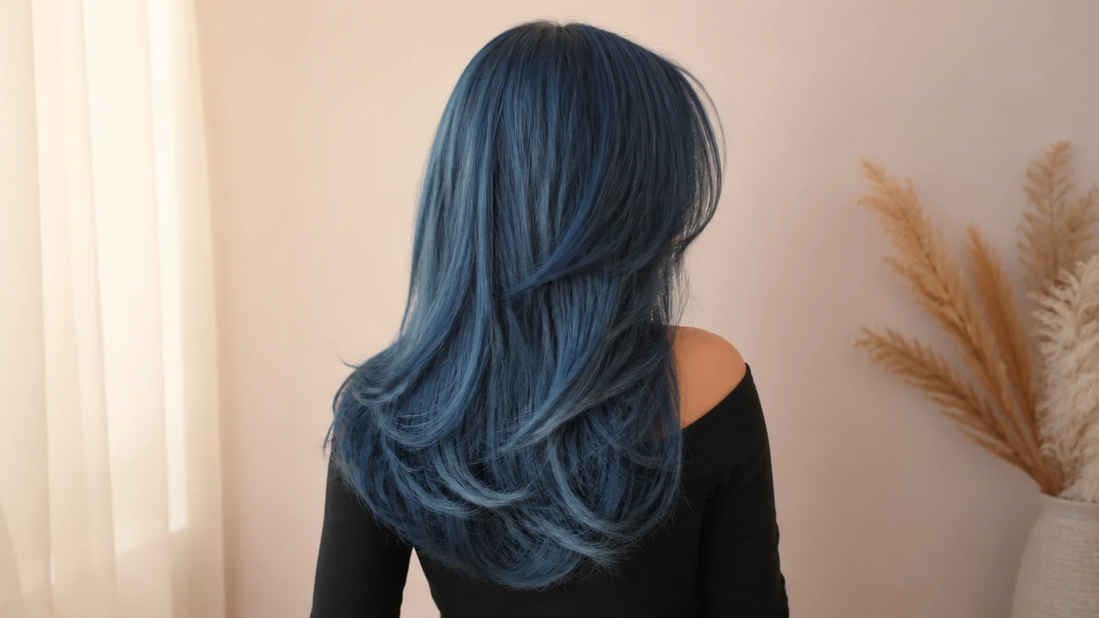 Blue hair shown mid length with the roots slightly deeper than the ends