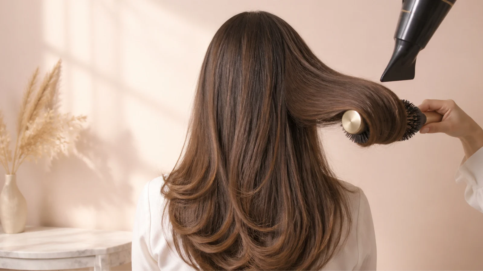 A round brush lifting a section of blue hair under a dryer nozzle