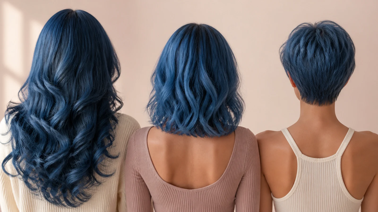 A short curly crop in a smoky blue shade photographed in soft daylight