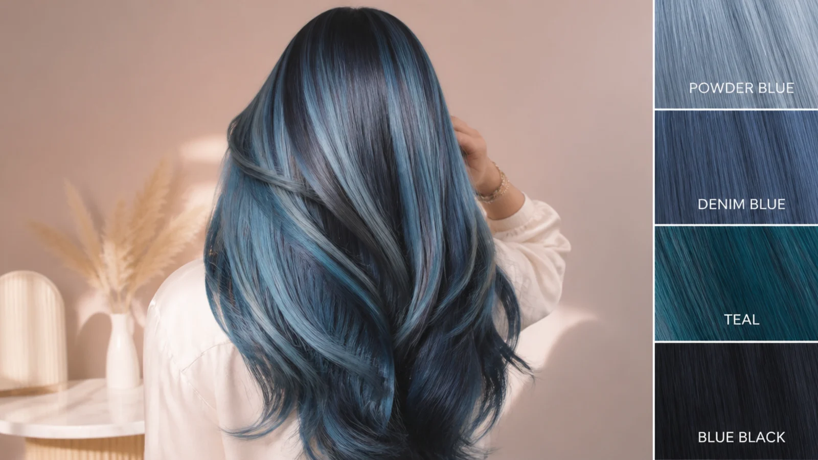 Two sections of blue hair side by side, one fine and one thick