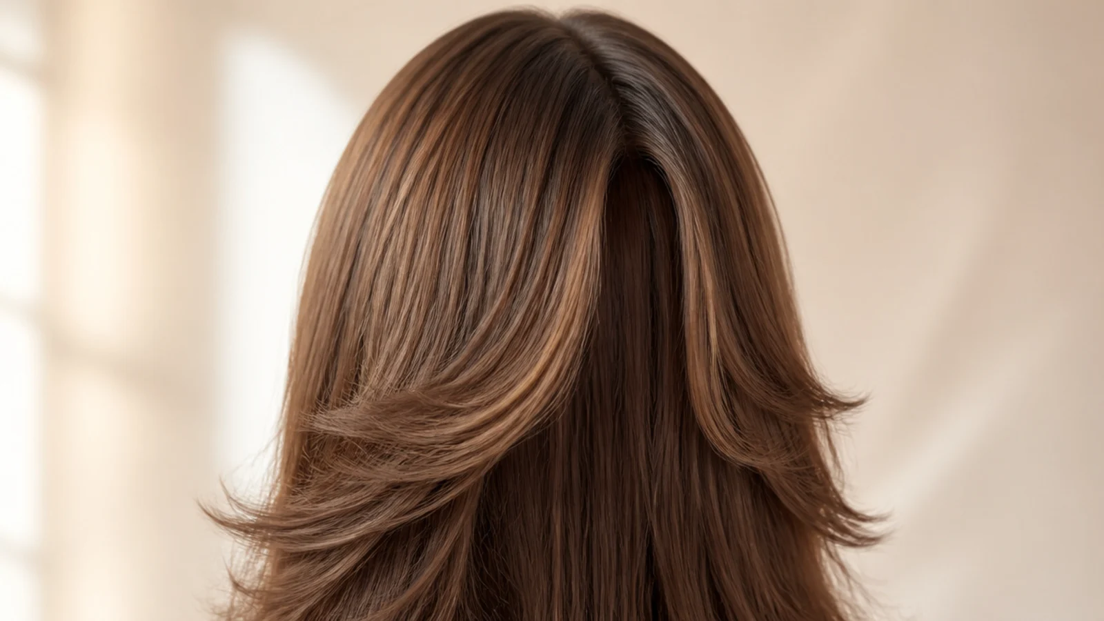 Cool toned light brown hair with a soft centre parted fringe