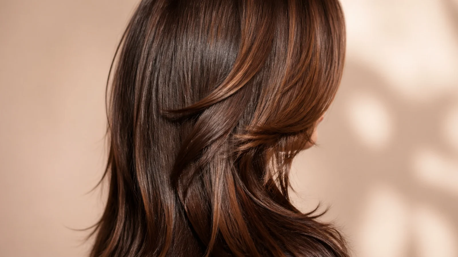 Deep chocolate brown hair falling in long sliced layers
