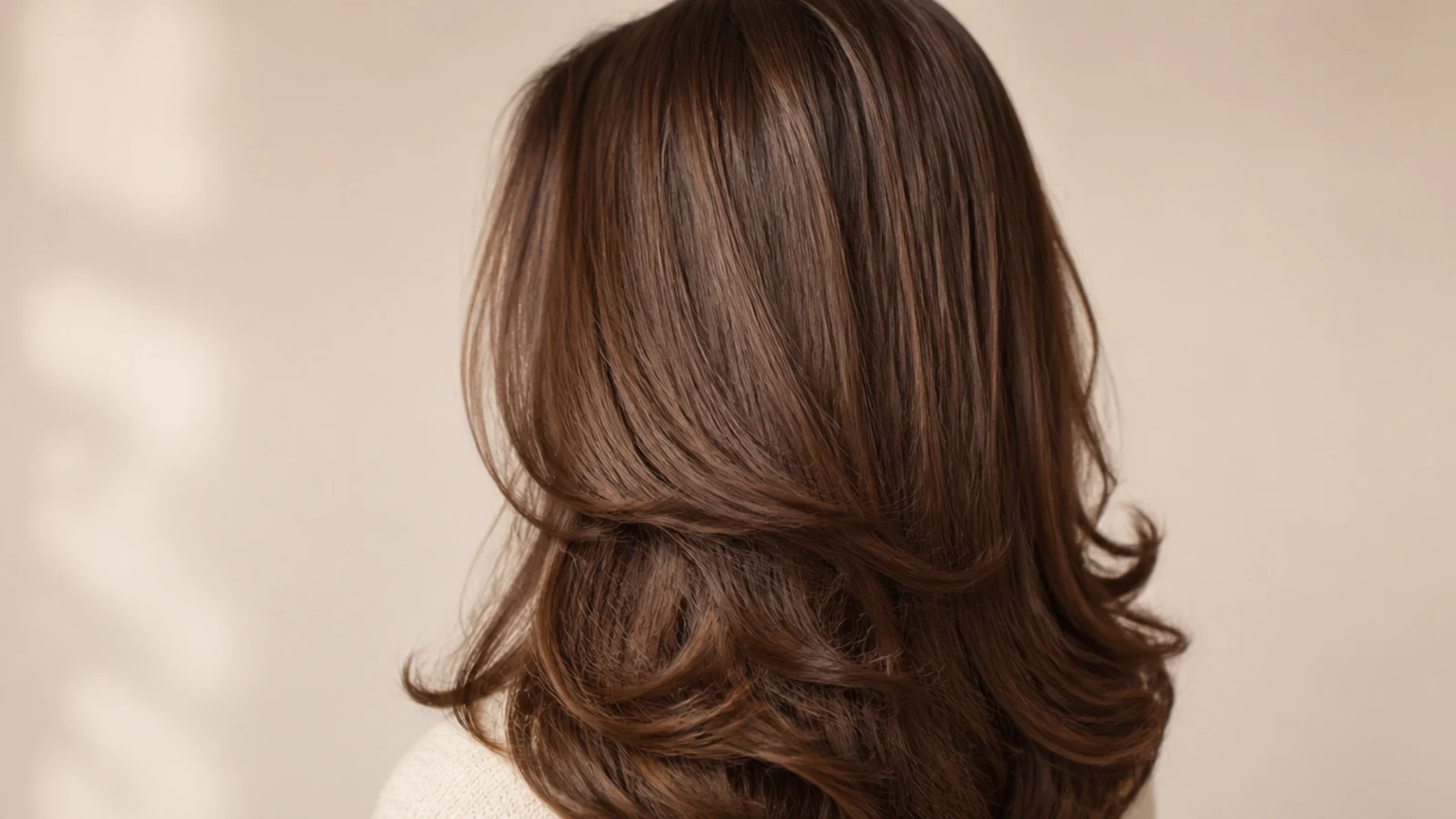 Bouncy chestnut brown hair with warm light through the ends