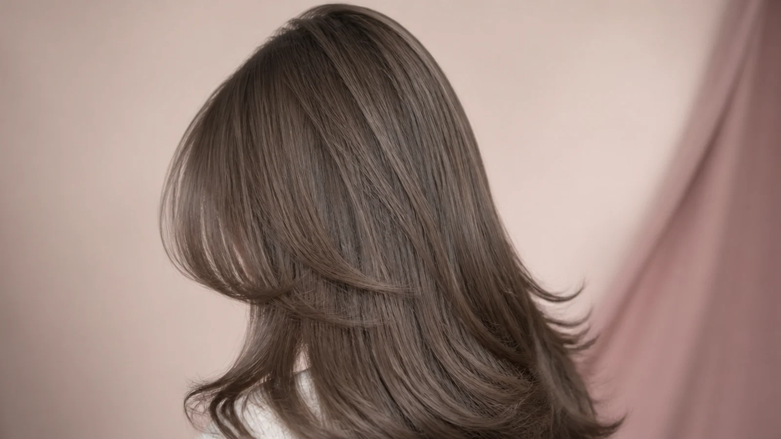 Ash toned brown hair with a centre parted curtain fringe