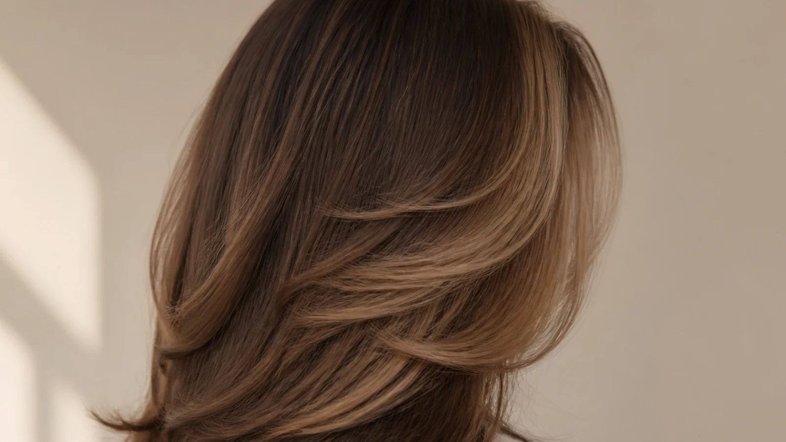 Brown hair with warm toffee pieces framing the front sections