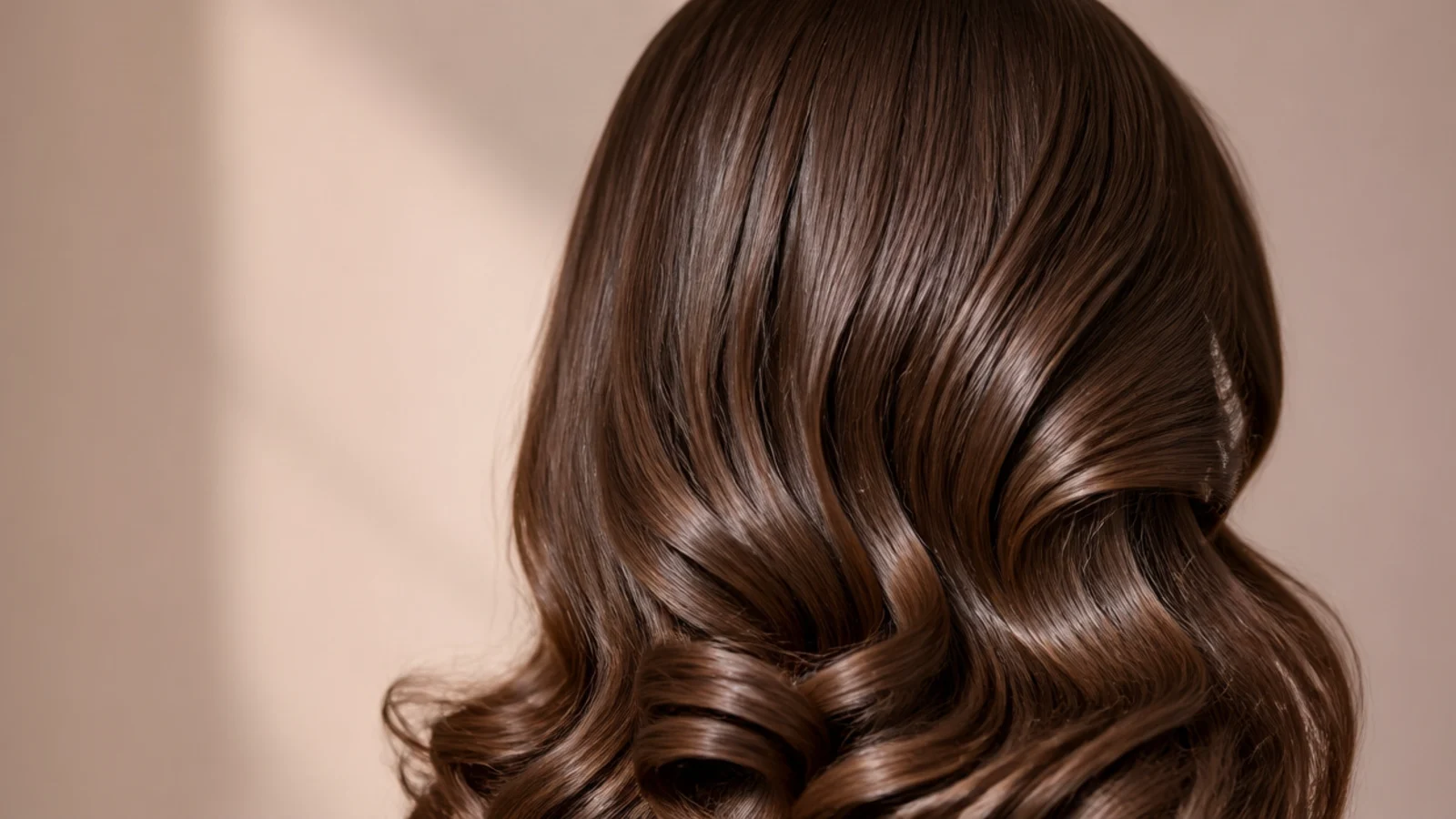 Deep brown hair set into large brushed out curls