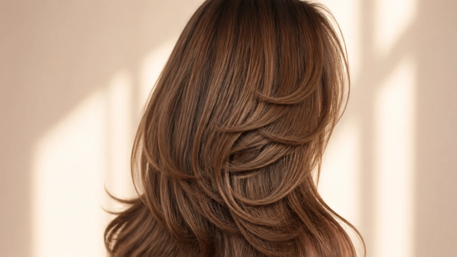 Warm cinnamon brown hair cut with short layers over long lengths