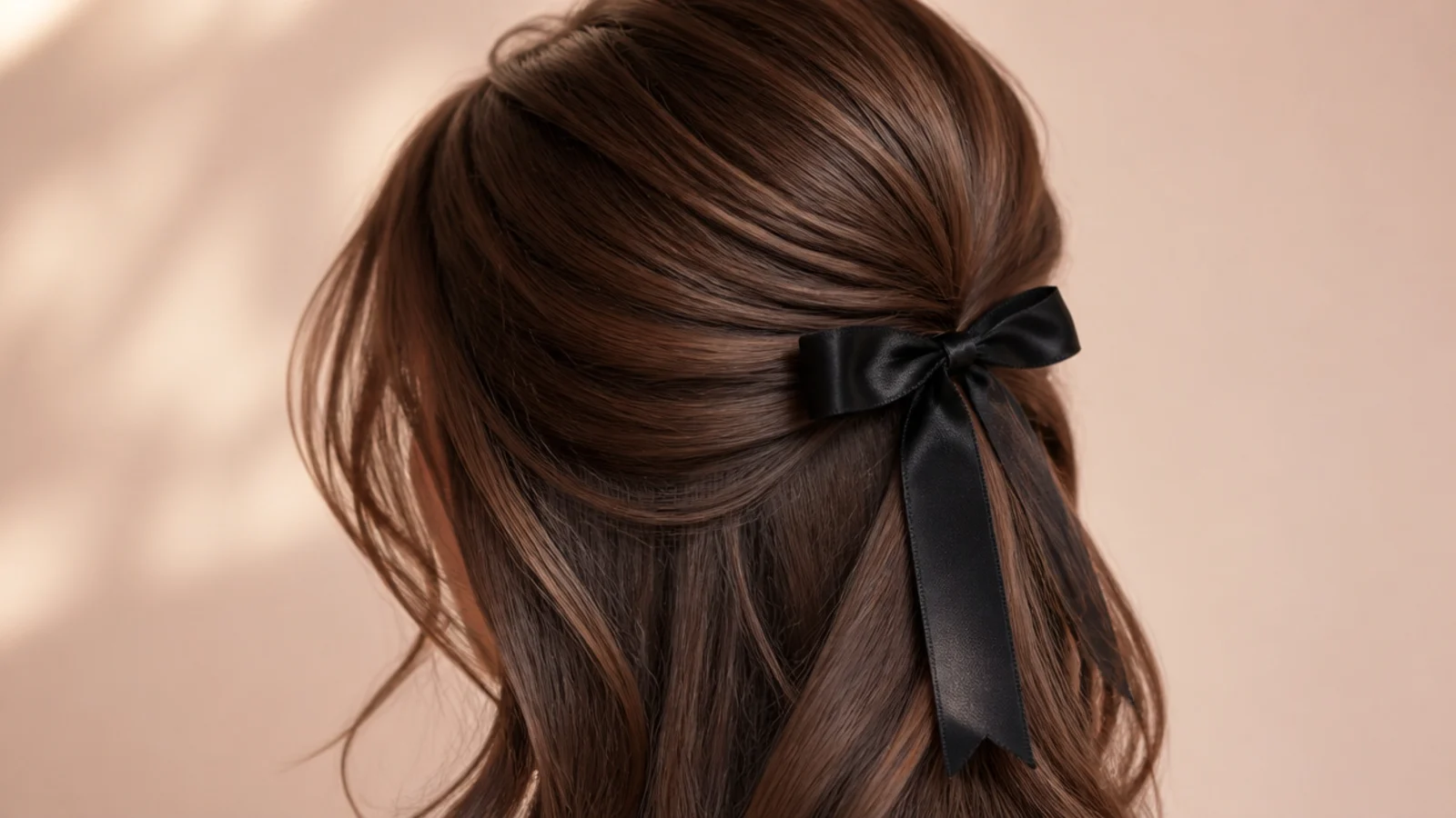 Mocha brown hair tied half up with a ribbon bow