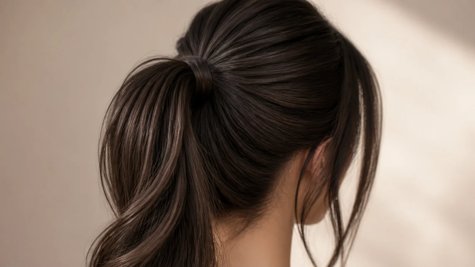Espresso hair pulled into a sleek high ponytail
