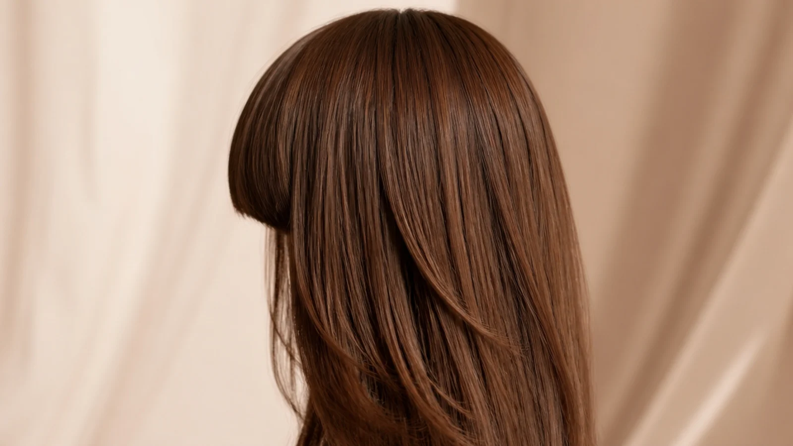 A chocolate brown wig with a heavy straight fringe on a stand