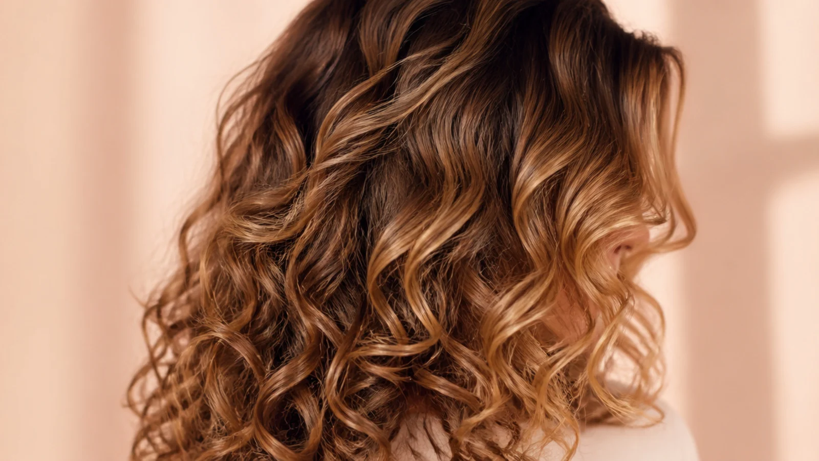 Curly hair blending brown roots into lighter bronde ends