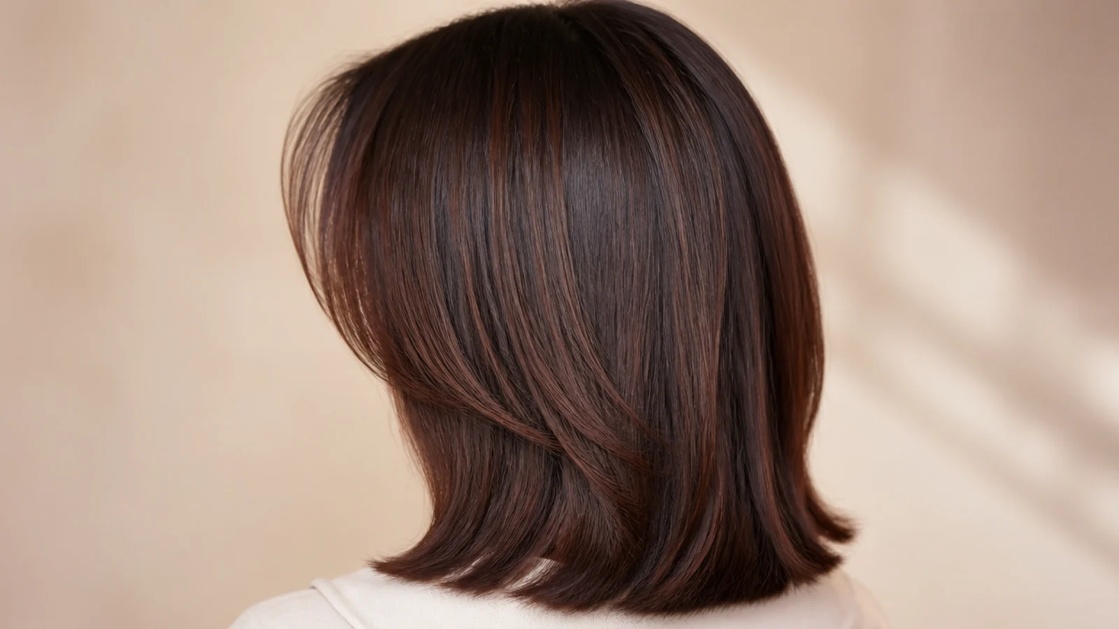 Mahogany brown hair cut to a blunt perimeter across the back