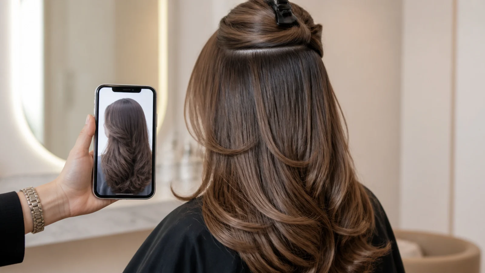 A color chart held against a section of brown hair at the mirror