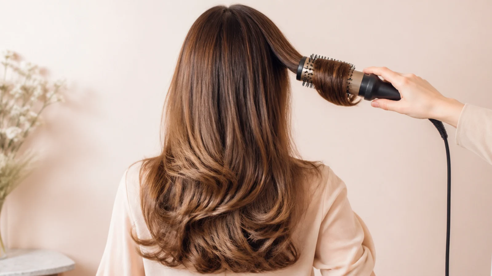A round brush turning under a dryer nozzle in brown hair