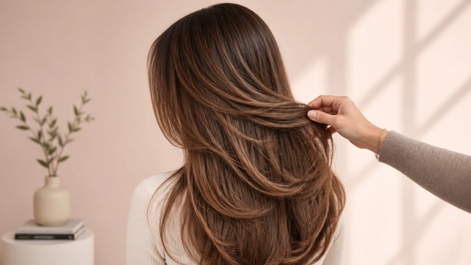 Layered brown hair held up to show the difference between long and short layers