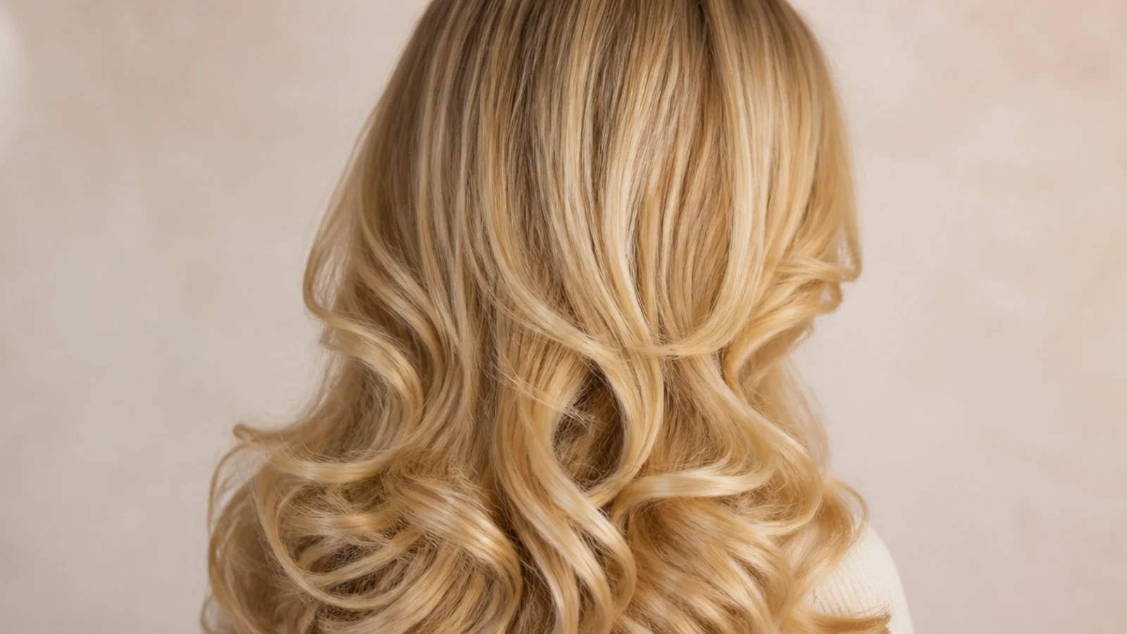 Glossy blonde hair set into large uniform curls at the back