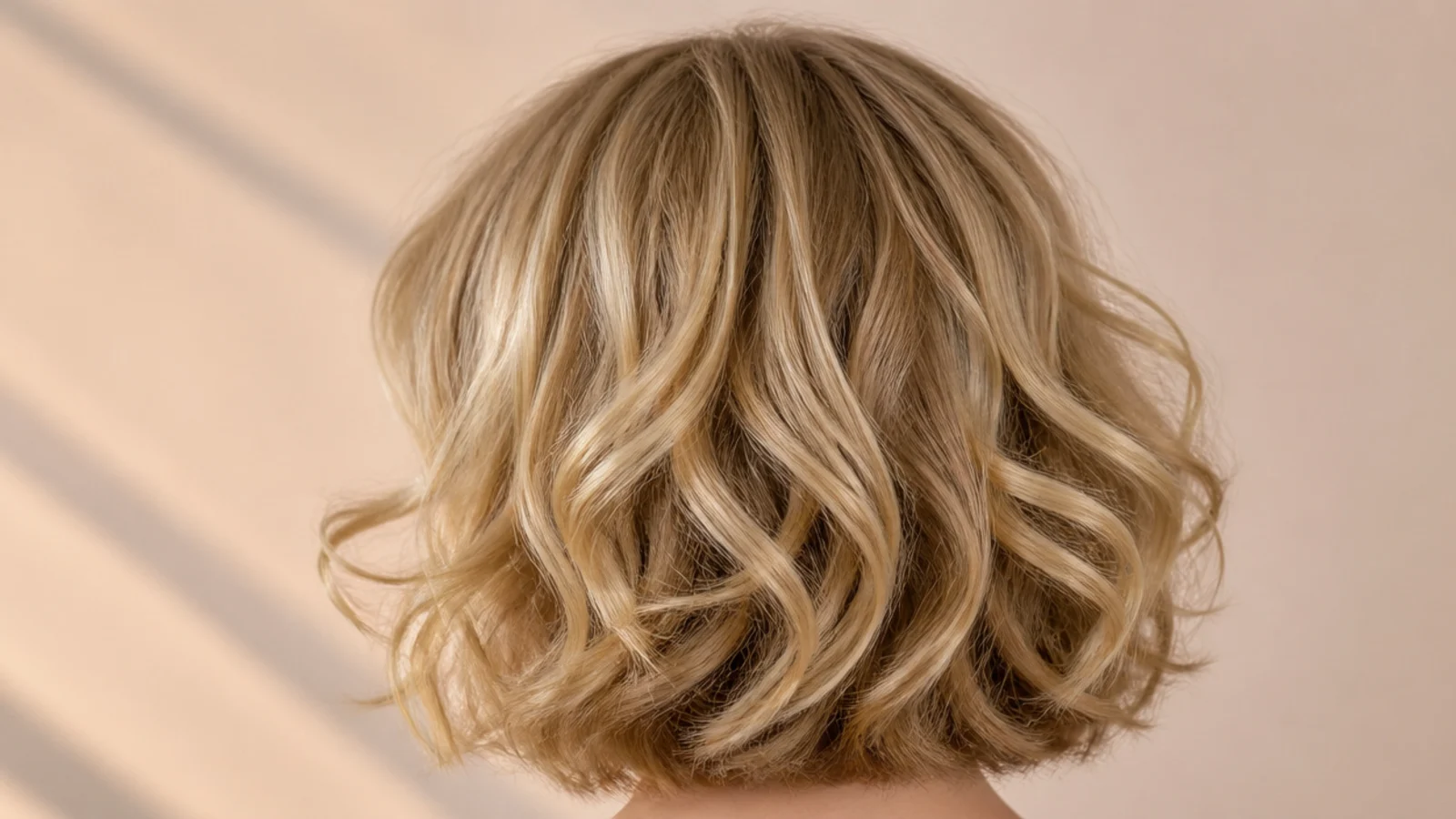 A rounded curly bob sitting at jaw length