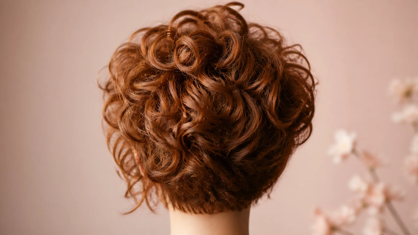 A short curly pixie in a warm auburn shade