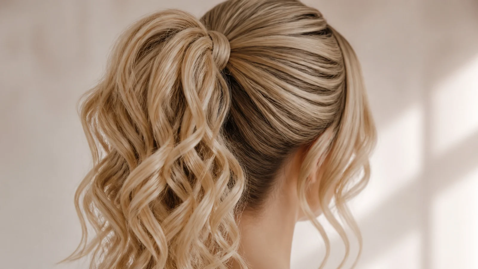 Curls gathered into a high ponytail with the length falling behind