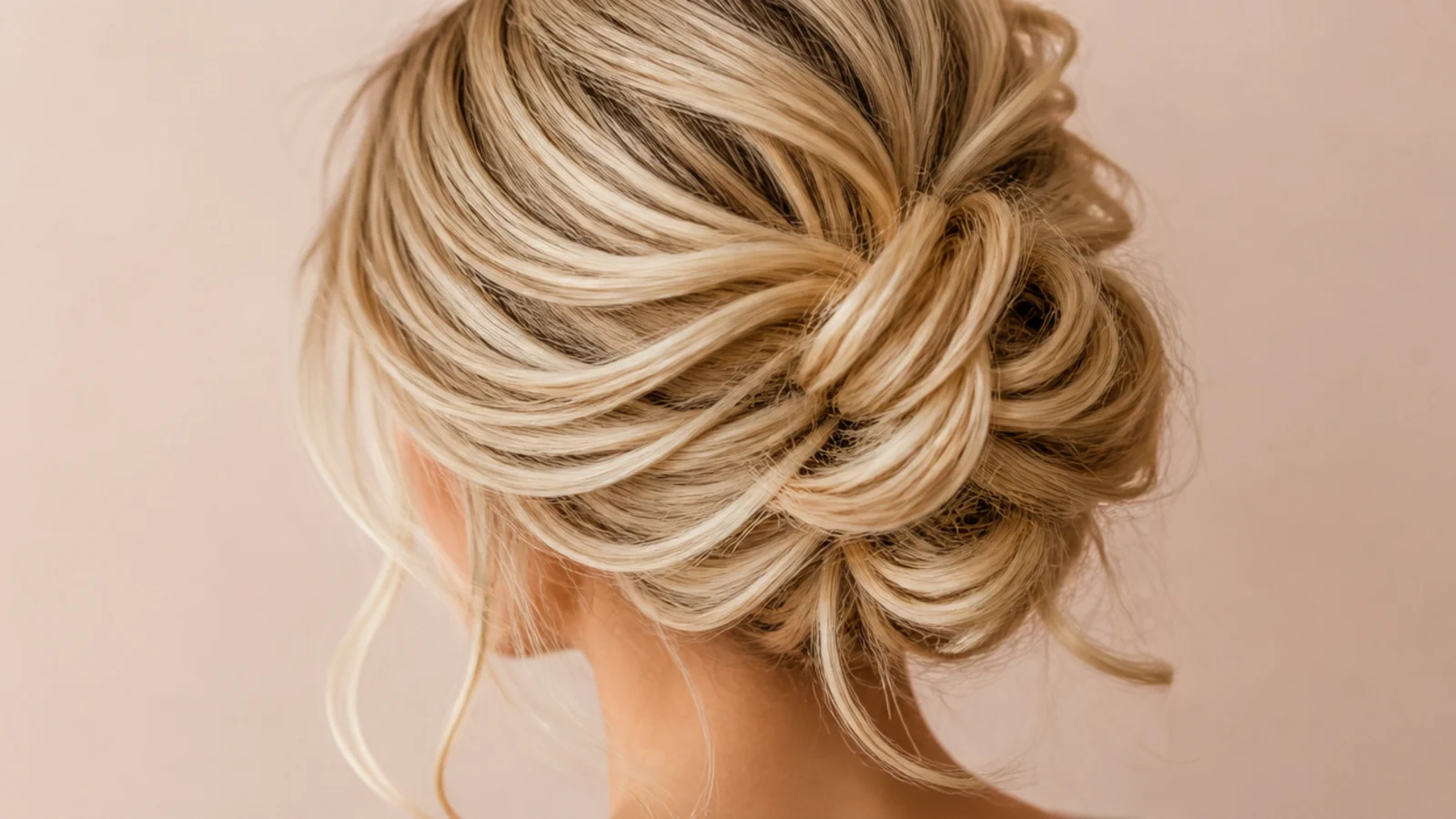 Curls pinned up into a loose textured updo at the back