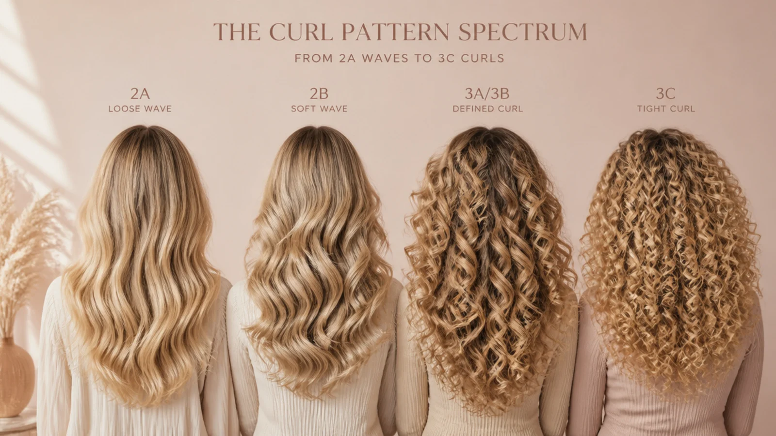 Four sections of hair showing wave, spiral and coil patterns side by side