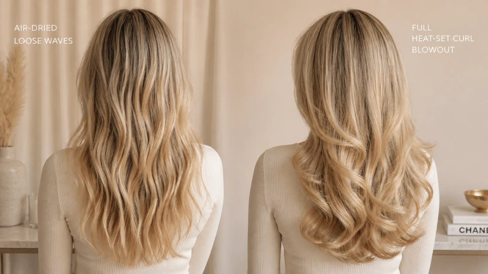A heat set curl beside a naturally curly section for comparison