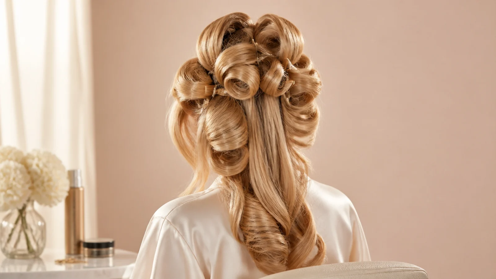 Wide set curls falling from mid length with a smooth crown above