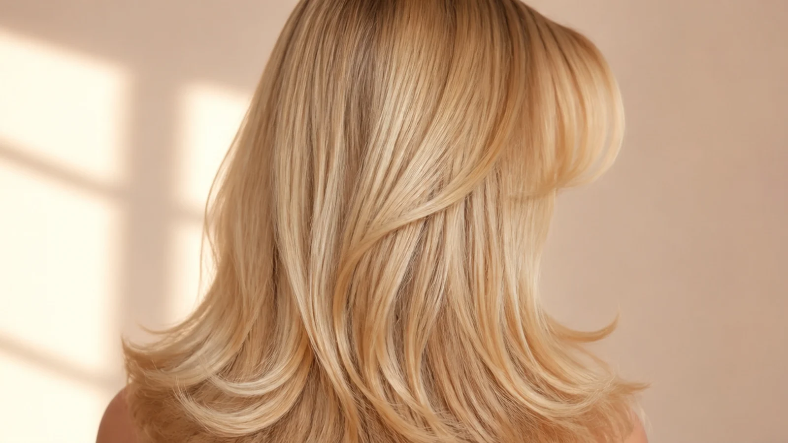 Warm buttery blonde hair cut in long layers