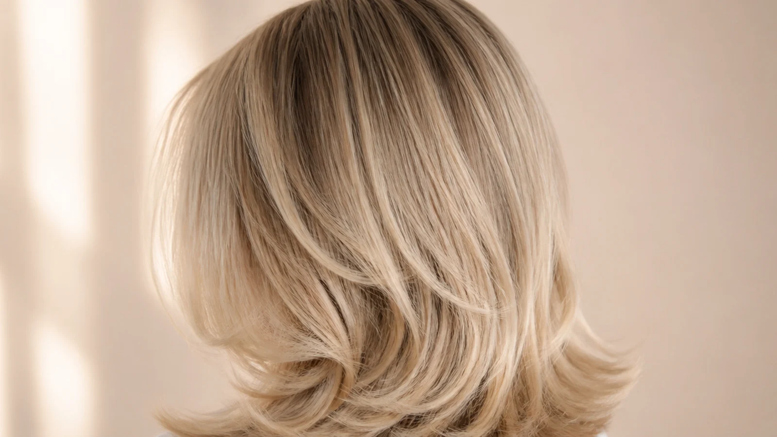 Cool beige blonde hair styled into a soft round blowout