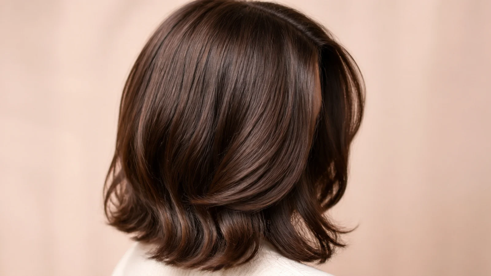 Chocolate brown hair with a centre parted curtain fringe