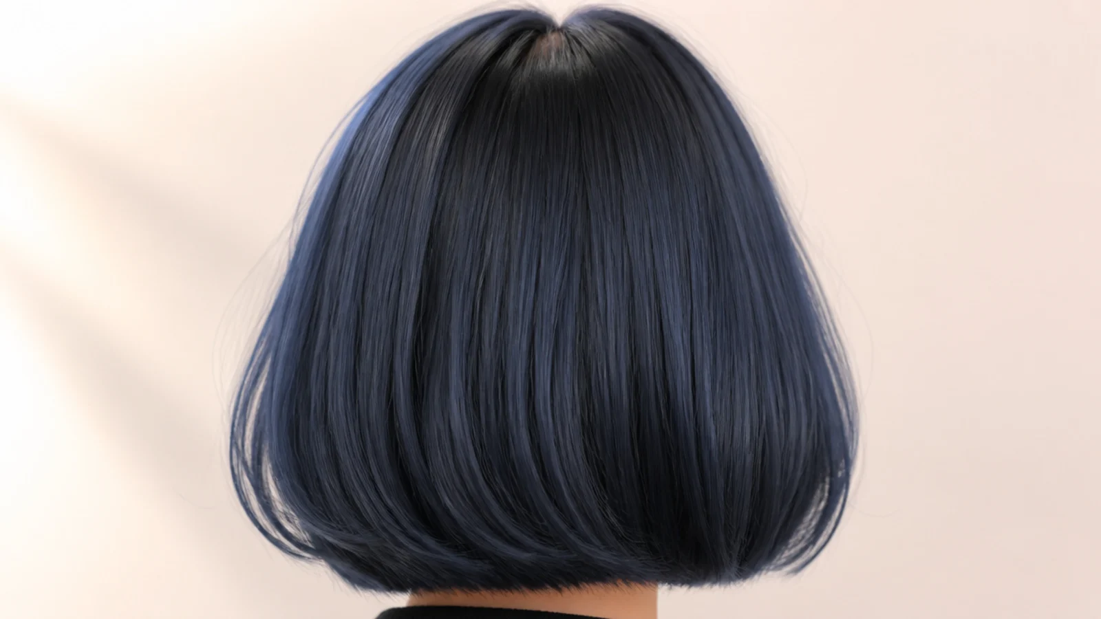 A sharp black bob with a cool blue sheen across the surface