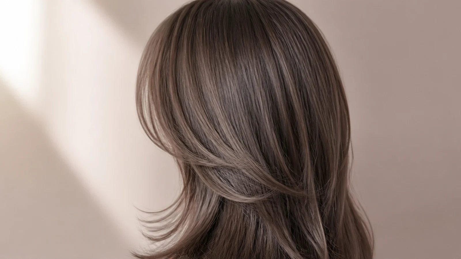 Cool mushroom brown hair cut into long soft layers