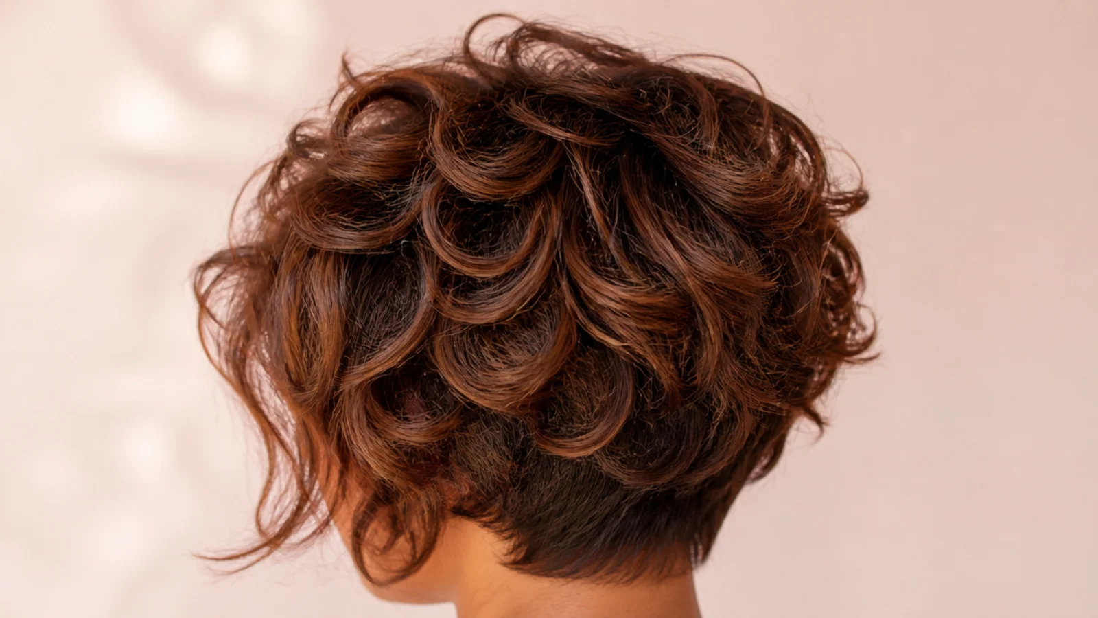 A cropped curly pixie in a warm auburn shade